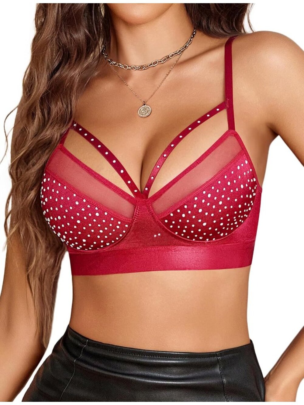 Women's Wine Red Rhinestone Bralette Sheer Mesh Strappy Wireless Rave Crop Top